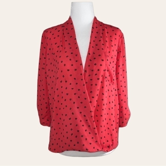 Smart Set Tops - Hearts Patterned Blouse Deep V Pink and Black